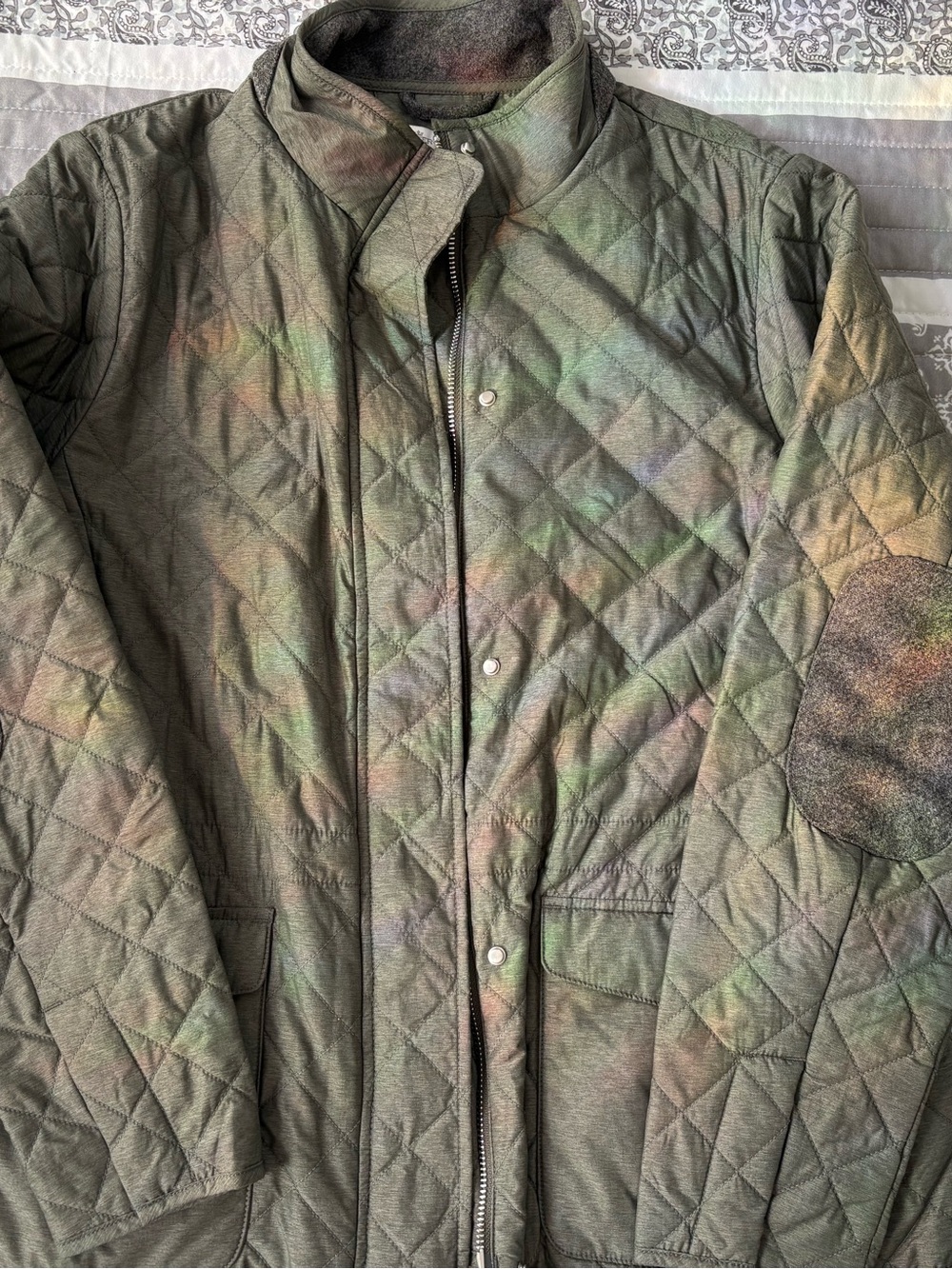 Peter Millar Olive Quilted Utility Jacket with Gray Elbow Patches